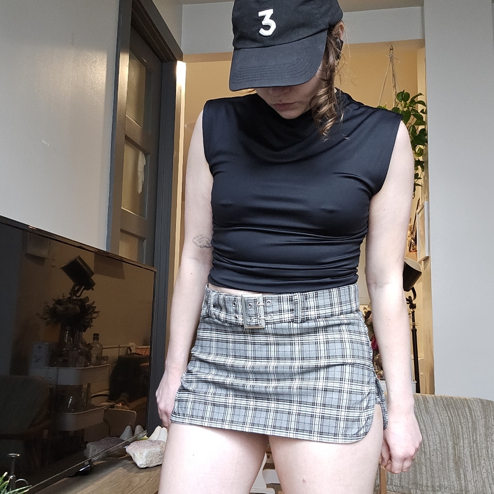 Belted Micro Mini Skort in Plaid Size S-M